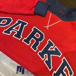 PARKE two toned varsity red crew sweatshirt mockneck